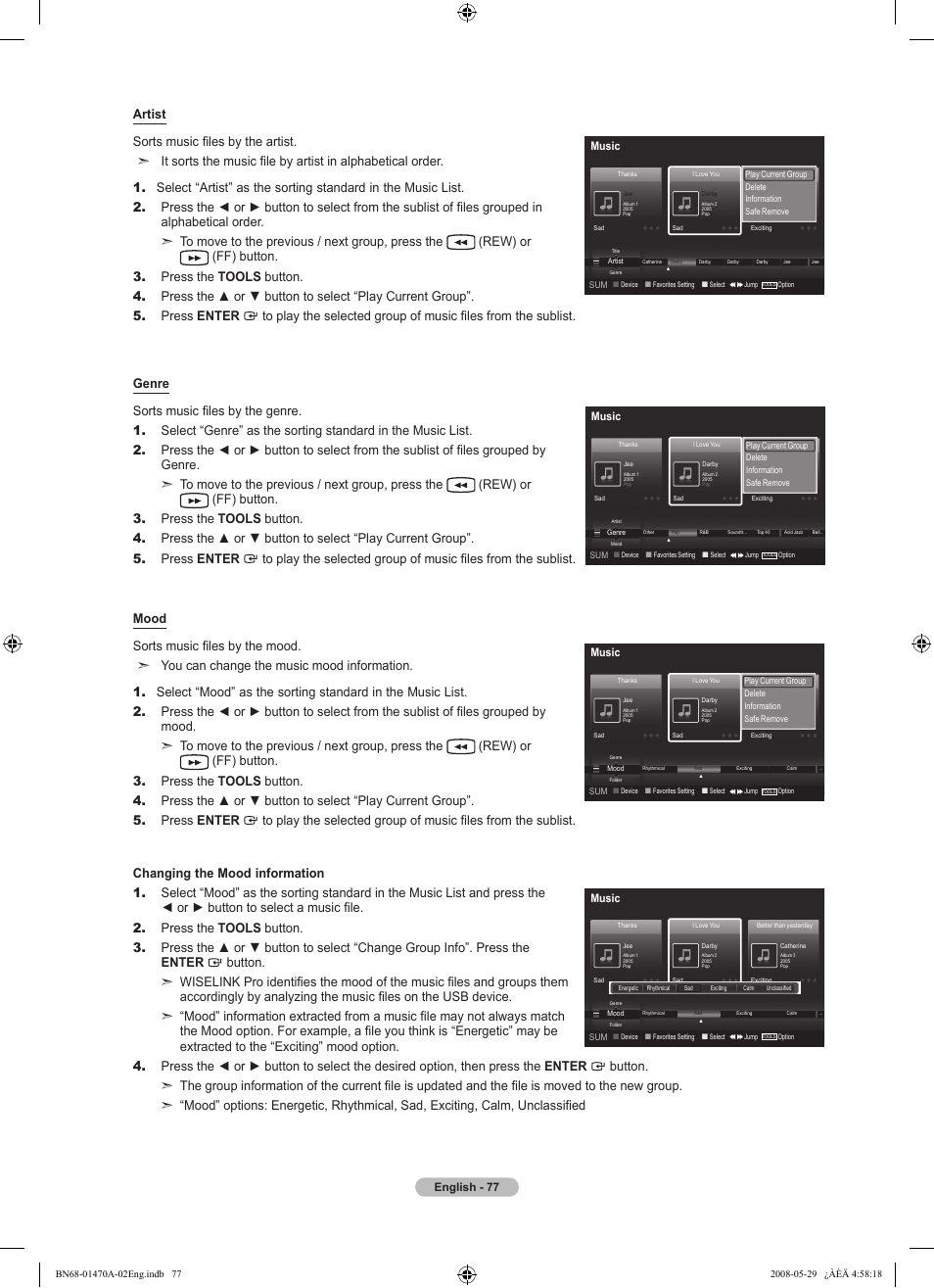 English - 77, Music | Samsung LN46A750R1FXZA User Manual | Page 79 / 273