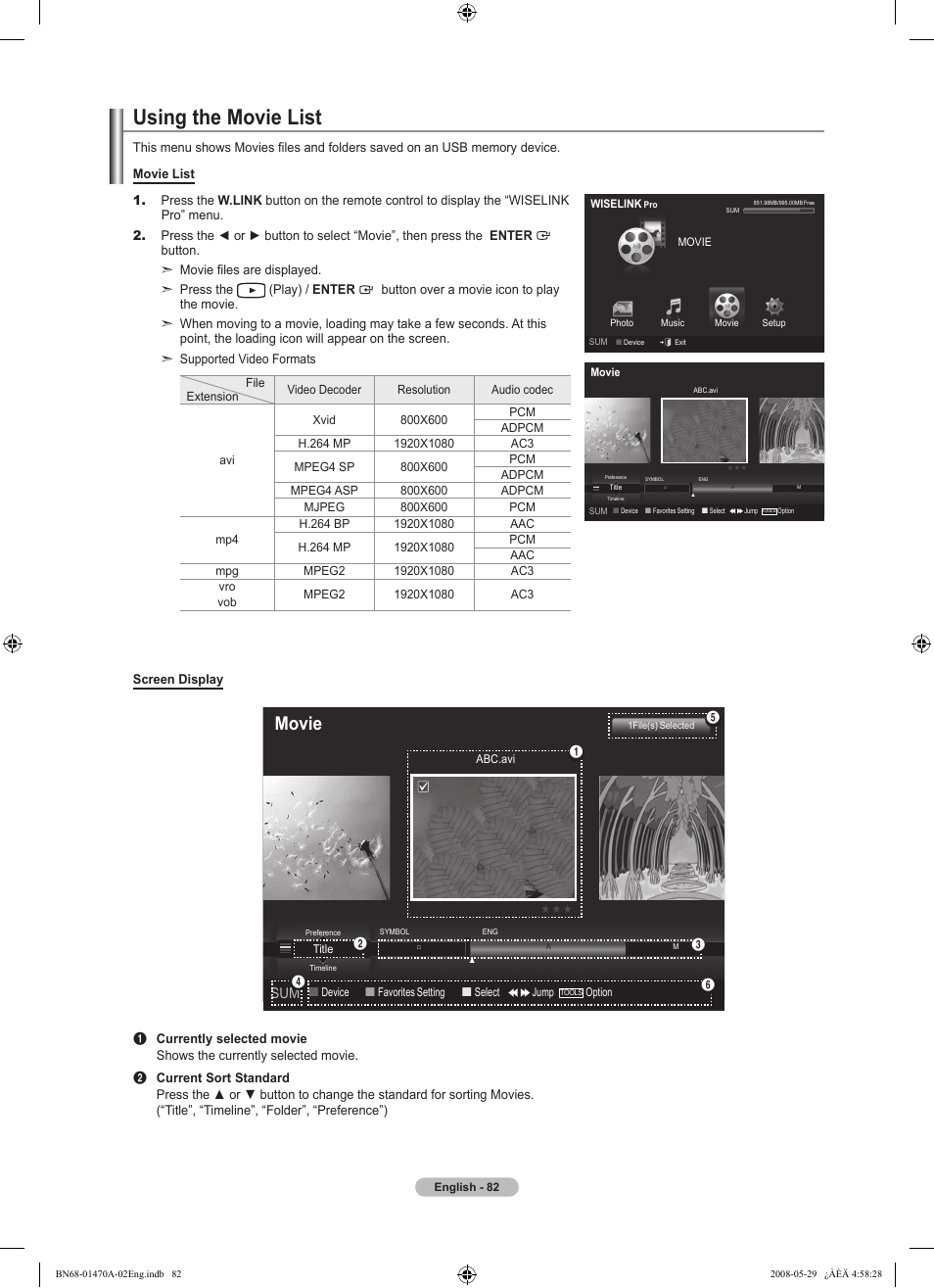 Using the movie list, Movie | Samsung LN46A750R1FXZA User Manual | Page 84 / 273