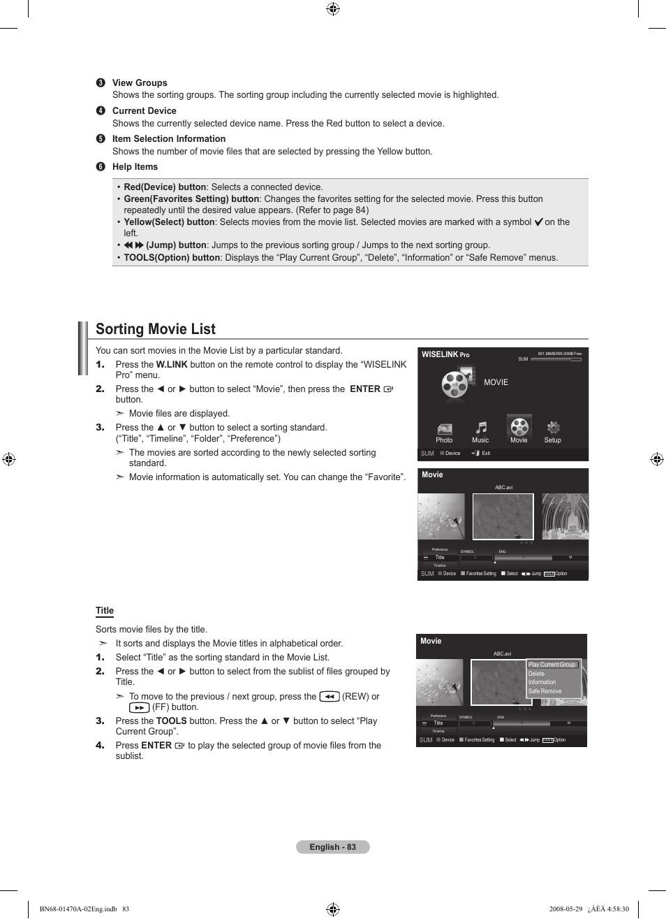 Sorting movie list | Samsung LN46A750R1FXZA User Manual | Page 85 / 273