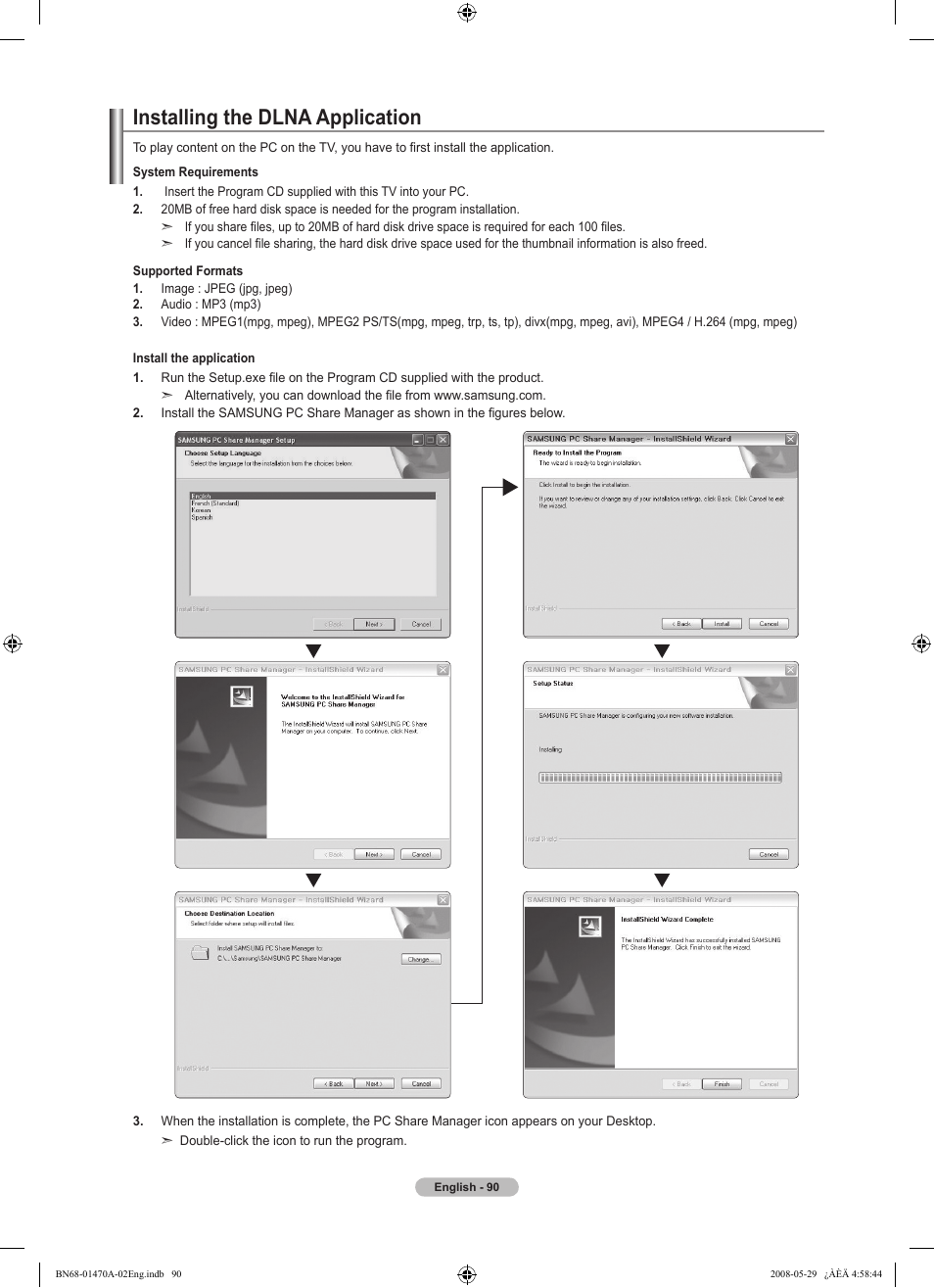 Installing the dlna application | Samsung LN46A750R1FXZA User Manual | Page 92 / 273