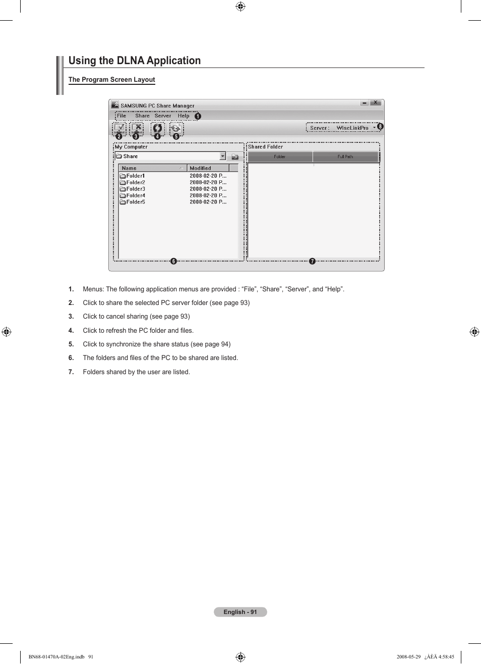 Using the dlna application | Samsung LN46A750R1FXZA User Manual | Page 93 / 273