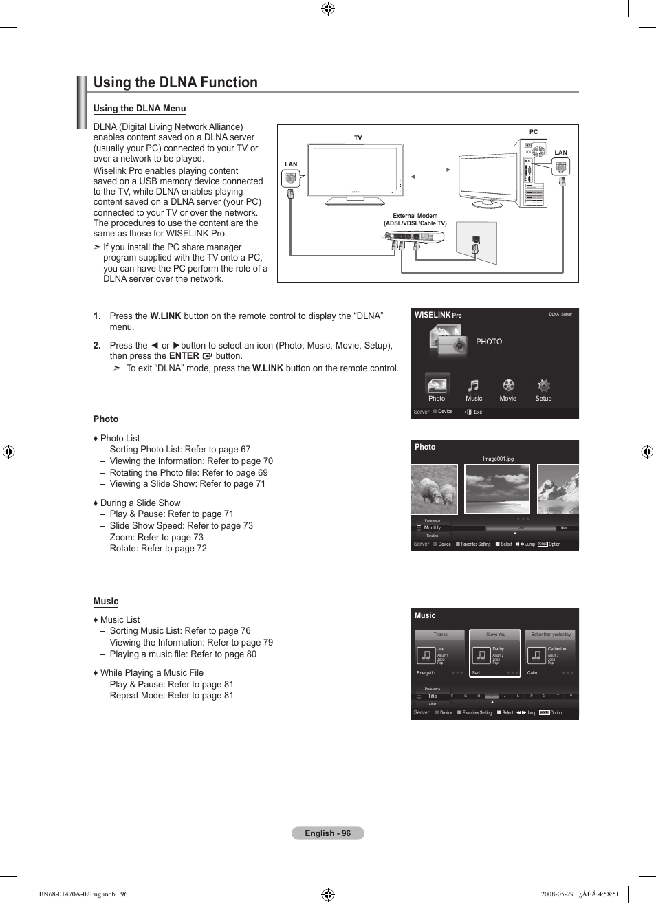 Using the dlna function | Samsung LN46A750R1FXZA User Manual | Page 98 / 273