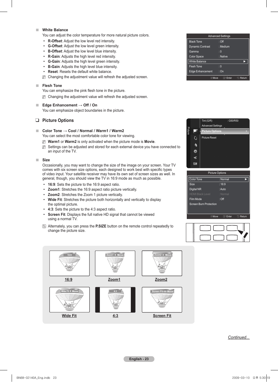 Picture options, Continued | Samsung PN58B530S2FXZA User Manual | Page 23 / 92