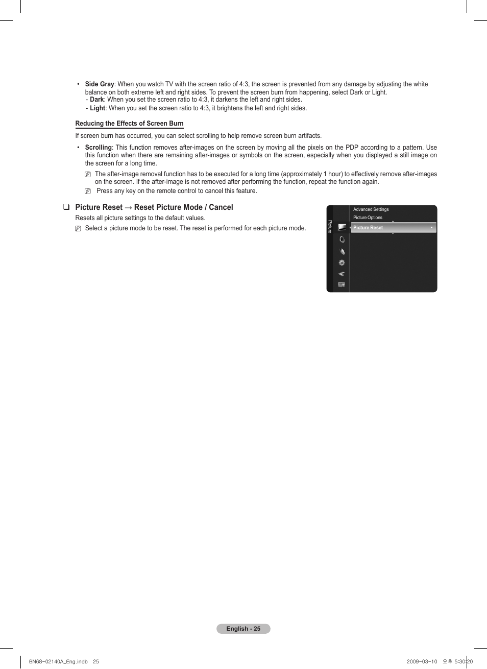 Picturereset→resetpicturemode/cancel | Samsung PN58B530S2FXZA User Manual | Page 25 / 92