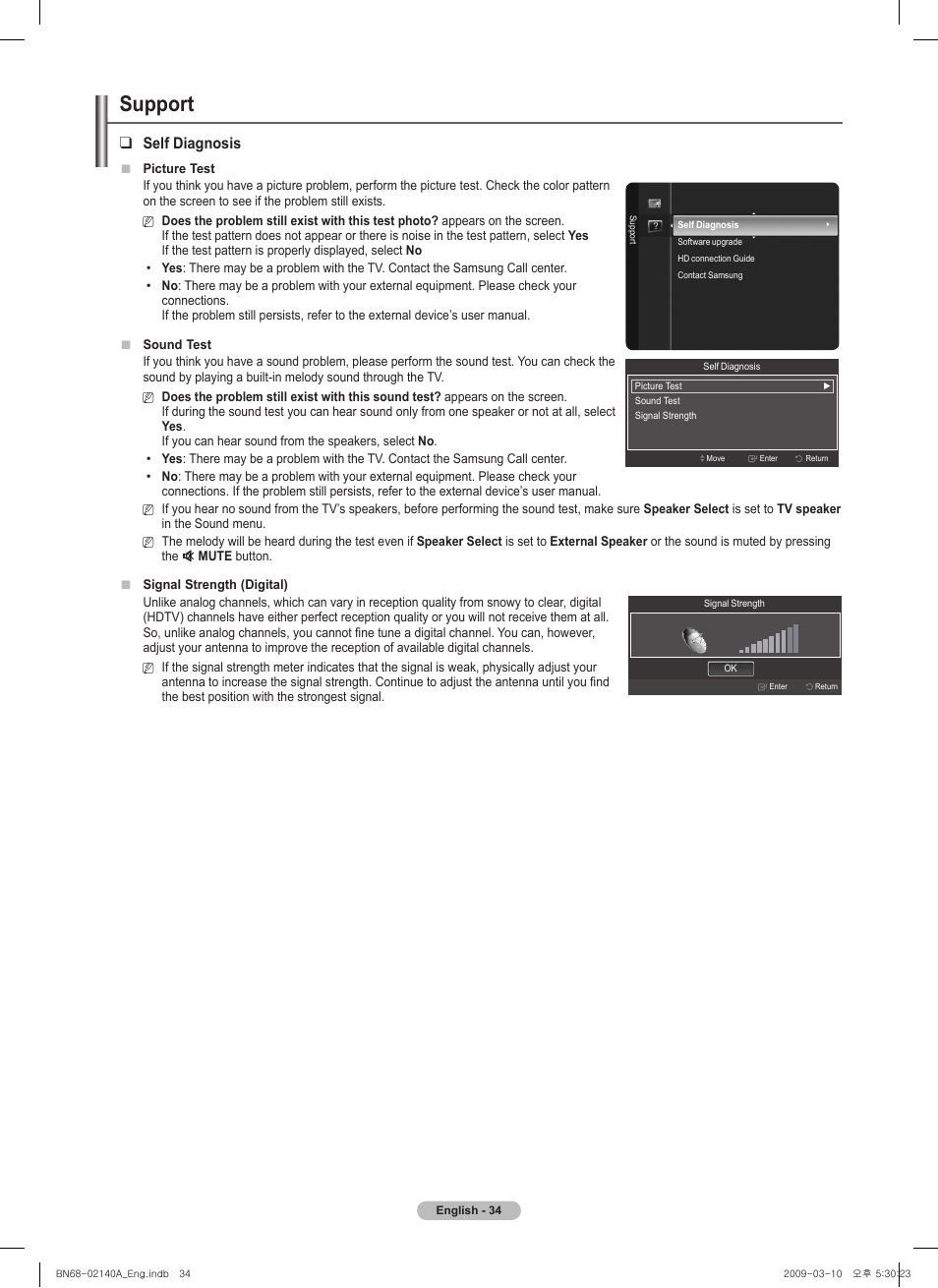 Support, Self diagnosis | Samsung PN58B530S2FXZA User Manual | Page 34 / 92