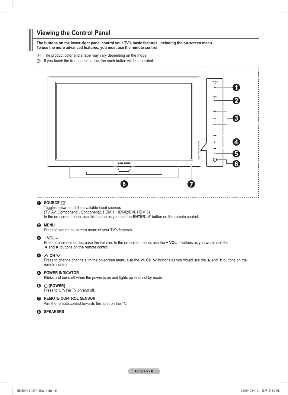 Viewing the control panel | Samsung PN58B530S2FXZA User Manual | Page 6 / 92