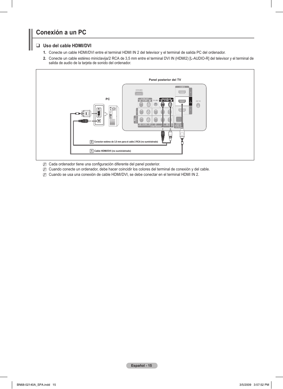 Conexión a un pc, Uso del cable hdmi/dvi | Samsung PN58B530S2FXZA User Manual | Page 60 / 92