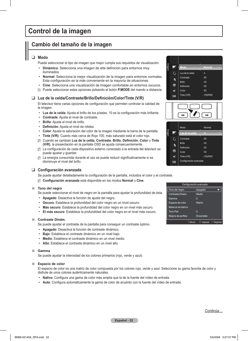 Control de la imagen, Cambio del tamaño de la imagen, Modo | Configuración avanzada | Samsung PN58B530S2FXZA User Manual | Page 67 / 92