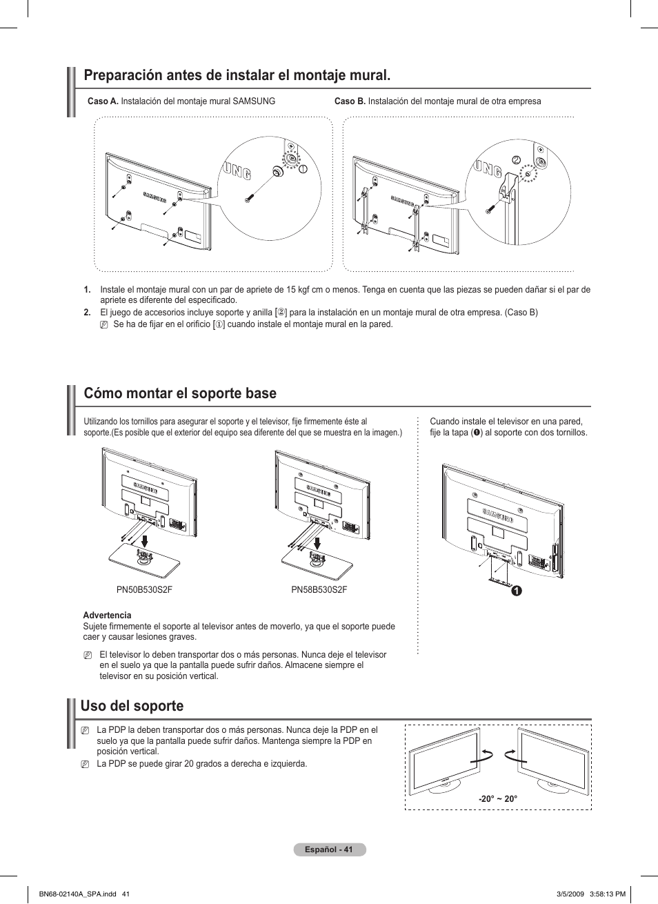 Preparación antes de instalar el montaje mural, Cómo montar el soporte base, Uso del soporte | Samsung PN58B530S2FXZA User Manual | Page 86 / 92