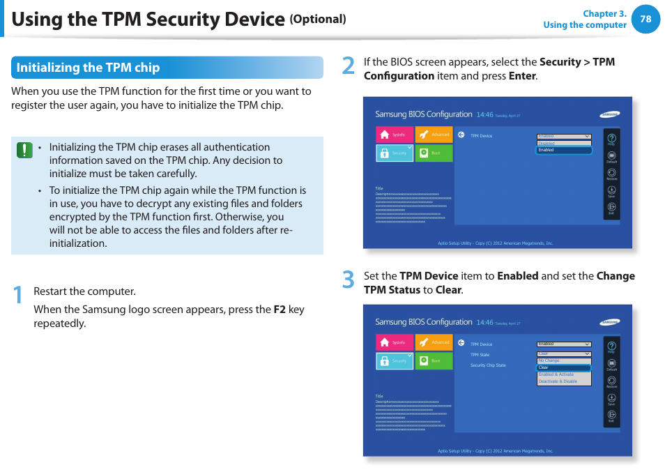 Using the tpm security device, Initializing the tpm chip, Optional) | Samsung DP515A2G-K02US User Manual | Page 79 / 143