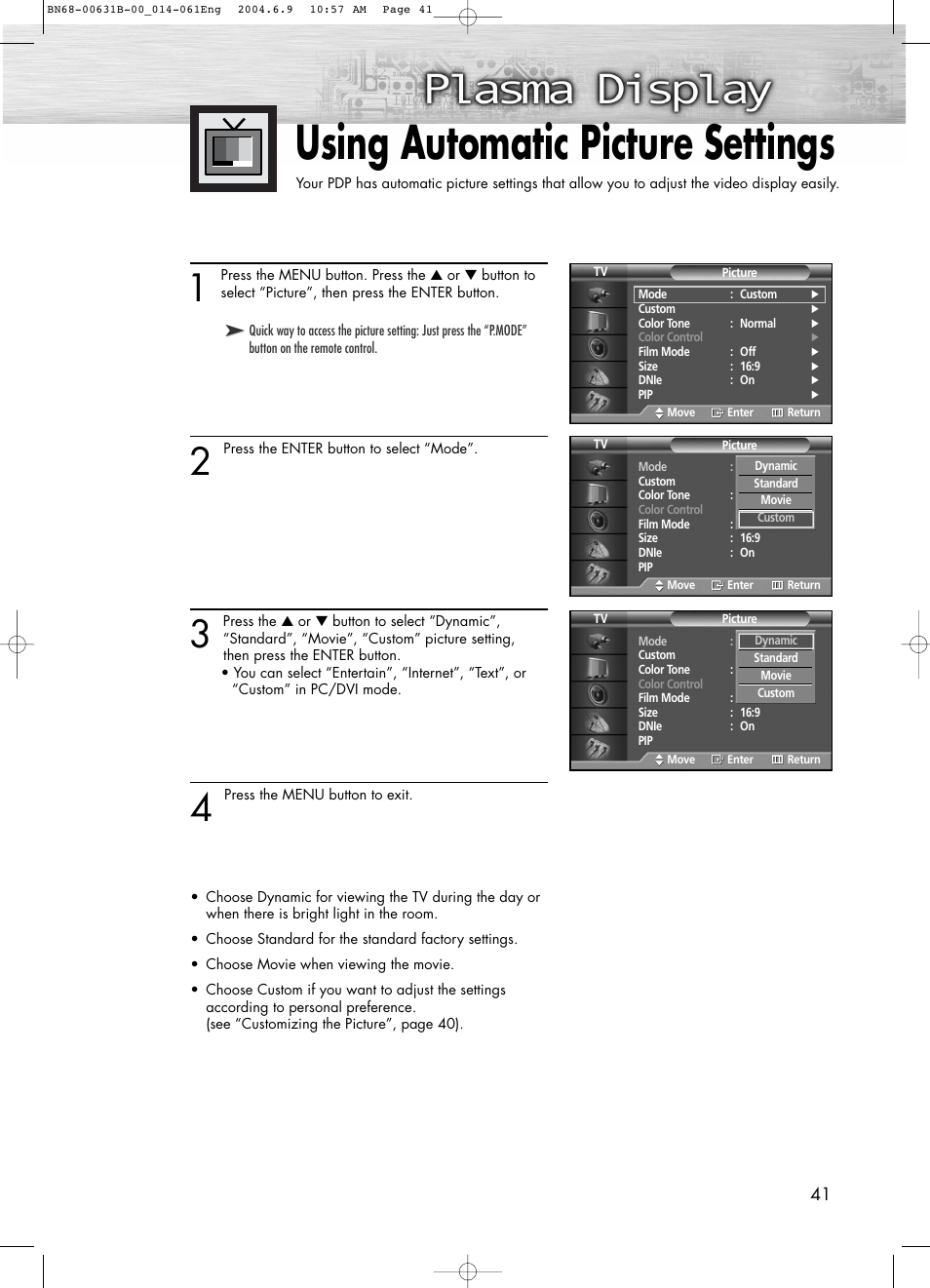 Using automatic picture settings | Samsung SPP4231X-XAP User Manual | Page 41 / 104