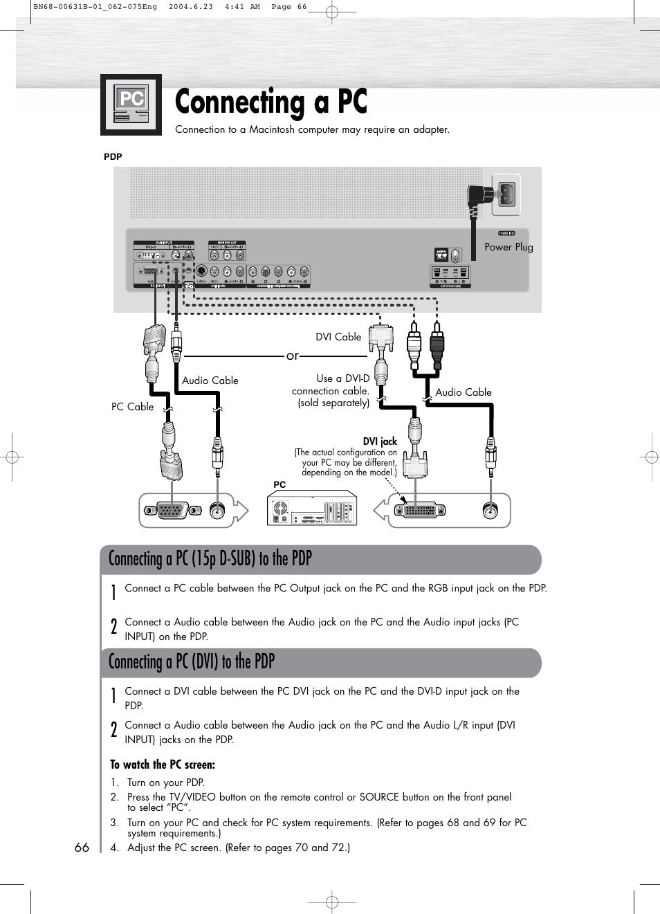 Connecting a pc and operation, Connection a pc, Connecting a pc | Connecting a pc (15p d-sub) to the pdp, 12 connecting a pc (dvi) to the pdp | Samsung SPP4231X-XAP User Manual | Page 66 / 104
