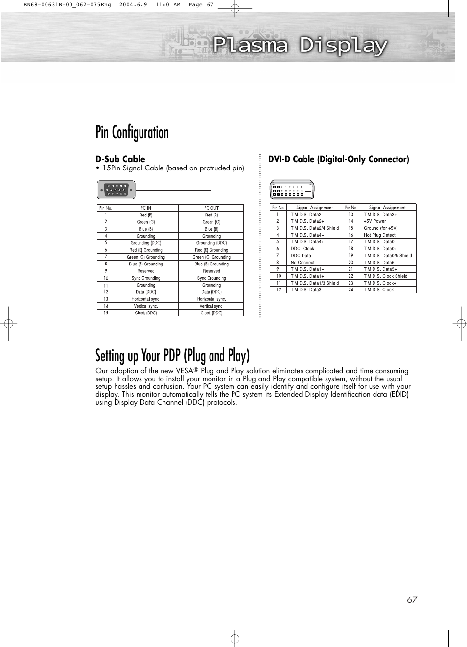 Pin configuration, Setting up your pdp (plug and play) | Samsung SPP4231X-XAP User Manual | Page 67 / 104