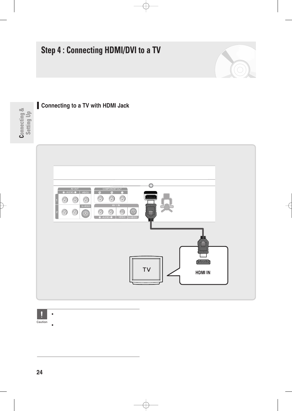 Step 4 : connecting hdmi/dvi to a tv, Connecting to a tv with hdmi jack, Connecting & setting up 24 - english | Samsung DVD-R135-XAA User Manual | Page 24 / 100