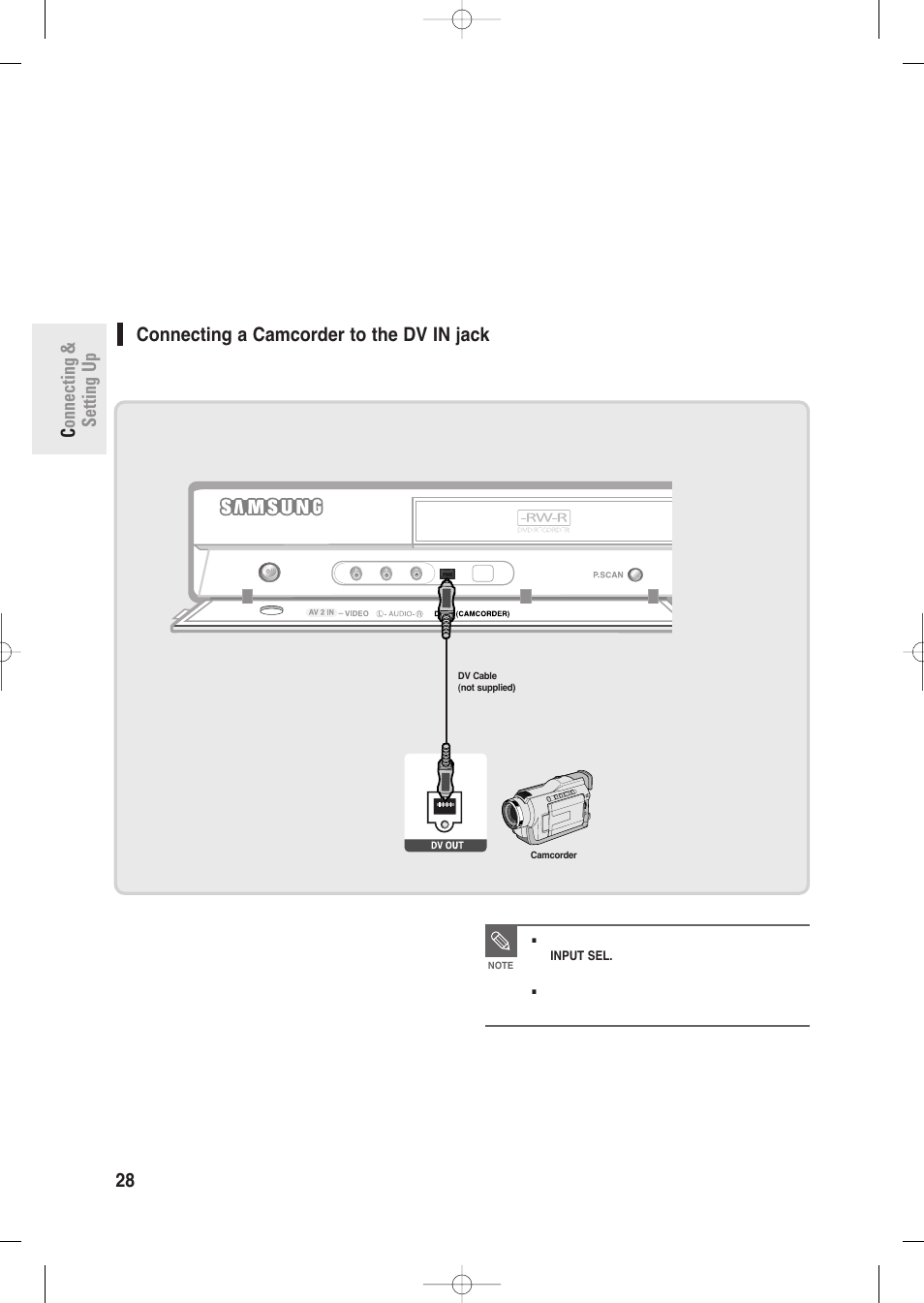 Connecting a camcorder to the dv in jack, Connecting & setting up 28 - english | Samsung DVD-R135-XAA User Manual | Page 28 / 100