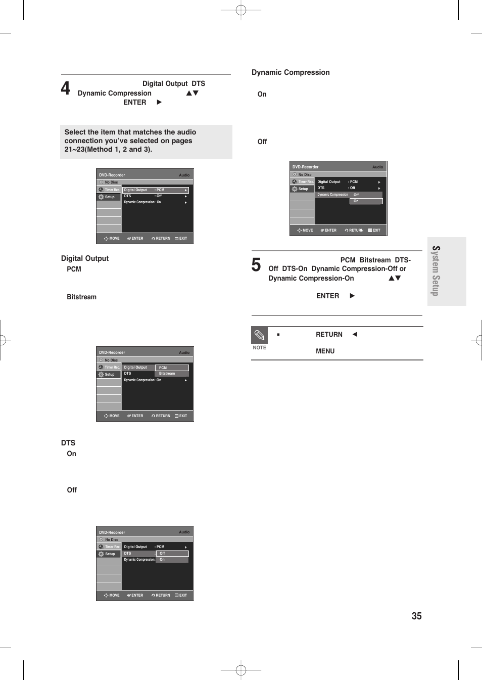 English - 35, System setup, Digital output | Dynamic compression | Samsung DVD-R135-XAA User Manual | Page 35 / 100