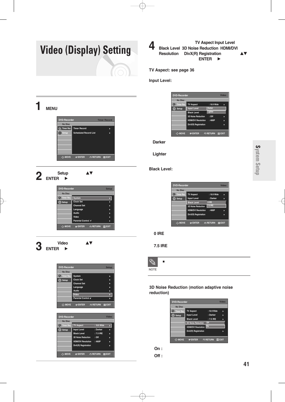 Video (display) setting, English - 41, System setup | This allows you to set up the tv screen settings, Video option menu will be displayed | Samsung DVD-R135-XAA User Manual | Page 41 / 100