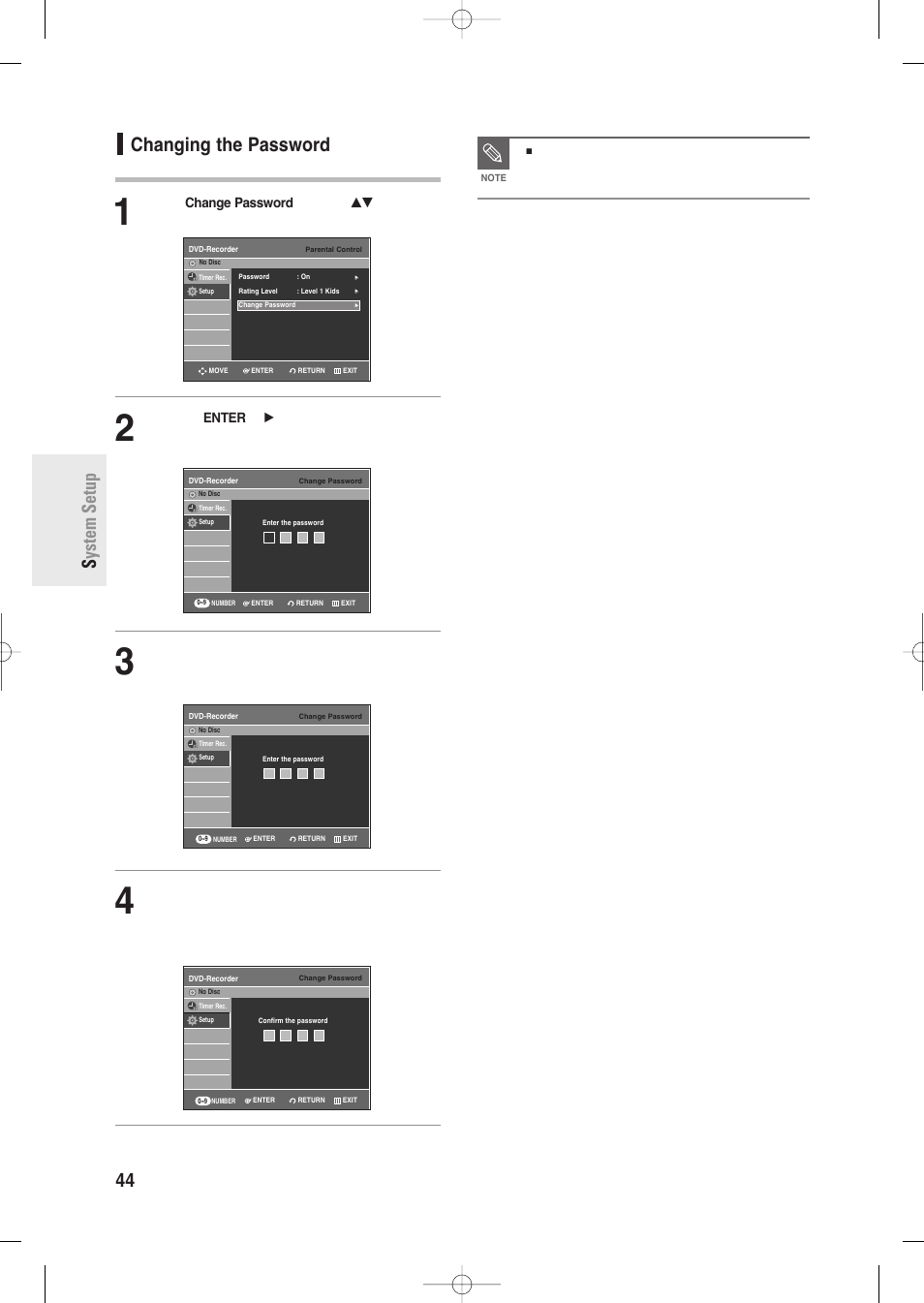 Changing the password, 44 - english s ystem setup changing the password, See page 94 if you forgot your password | Samsung DVD-R135-XAA User Manual | Page 44 / 100