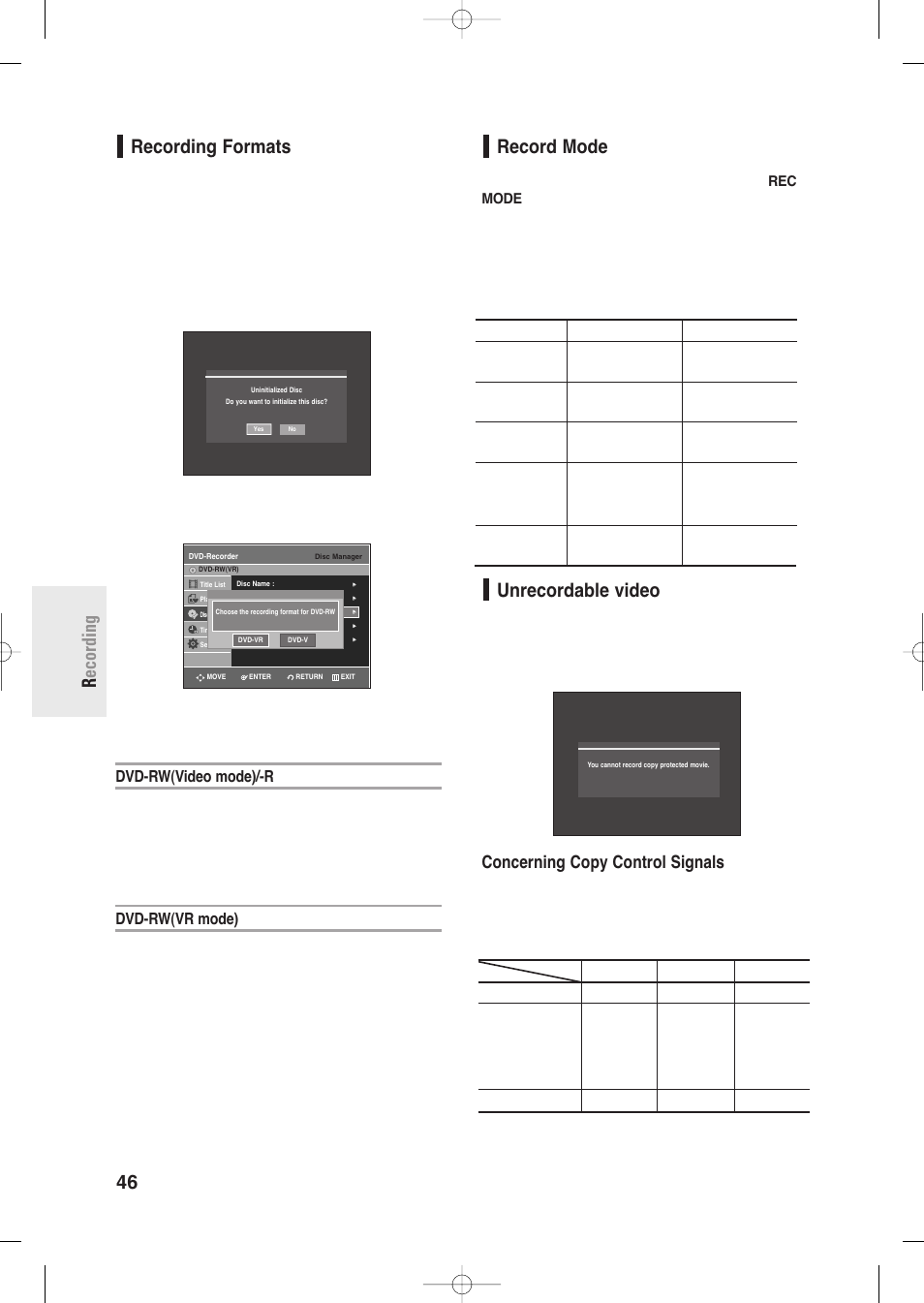Recording formats, Record mode, Unrecordable video | 46 - english r ecording recording formats, Concerning copy control signals, Dvd-rw(video mode)/-r, Dvd-rw(vr mode) | Samsung DVD-R135-XAA User Manual | Page 46 / 100