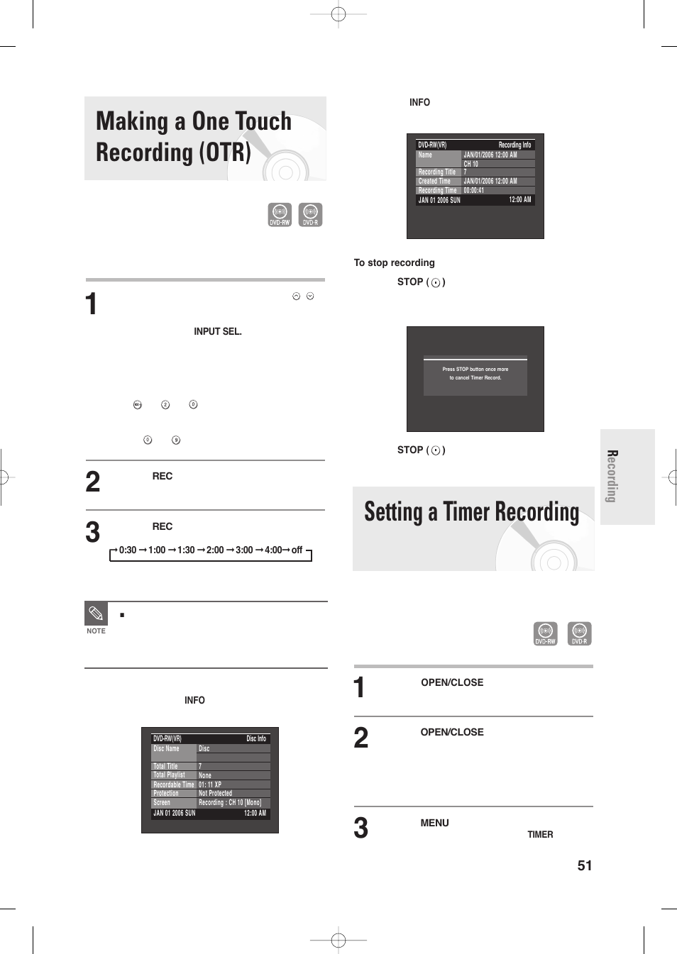 Making a one touch recording (otr), Setting a timer recording, English - 51 r ecording | Samsung DVD-R135-XAA User Manual | Page 51 / 100