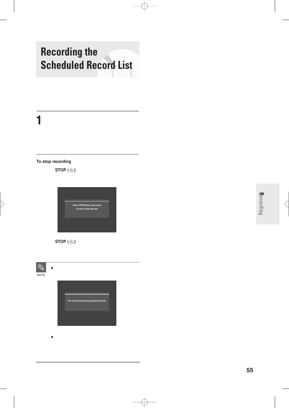 Recording the scheduled record list, English - 55 r ecording | Samsung DVD-R135-XAA User Manual | Page 55 / 100