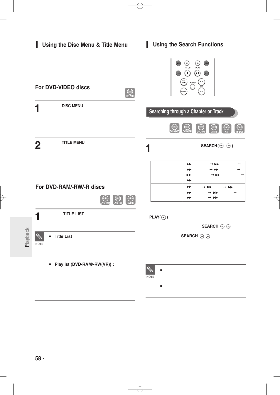 Using the disc menu &title menu, Using the search functions, 58 - english p layback using the search functions | For dvd-ram/-rw/-r discs, Searching through a chapter or track | Samsung DVD-R135-XAA User Manual | Page 58 / 100
