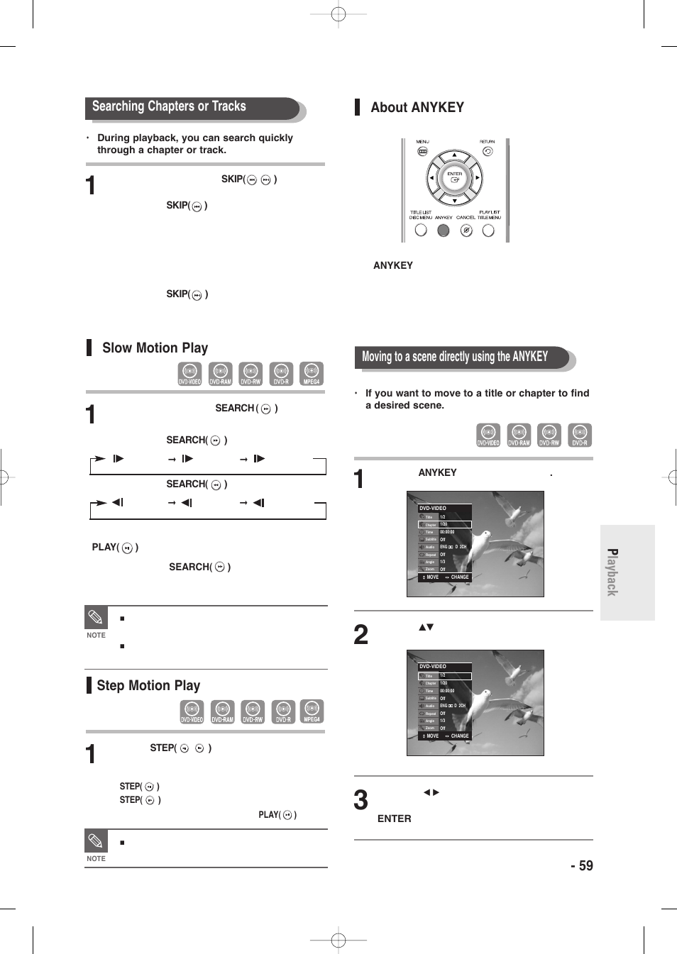 Slow motion play, About anykey, English - 59 p layback slow motion play | Step motion play, Searching chapters or tracks about anykey, Moving to a scene directly using the anykey | Samsung DVD-R135-XAA User Manual | Page 59 / 100