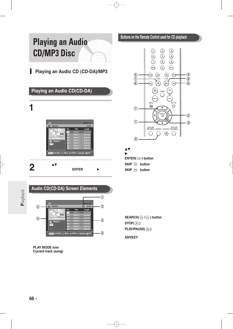 Playing an audio cd/mp3 disc, Playing an audio cd (cd-da)/mp3, Buttons on the remote control used for cd playback | Samsung DVD-R135-XAA User Manual | Page 66 / 100