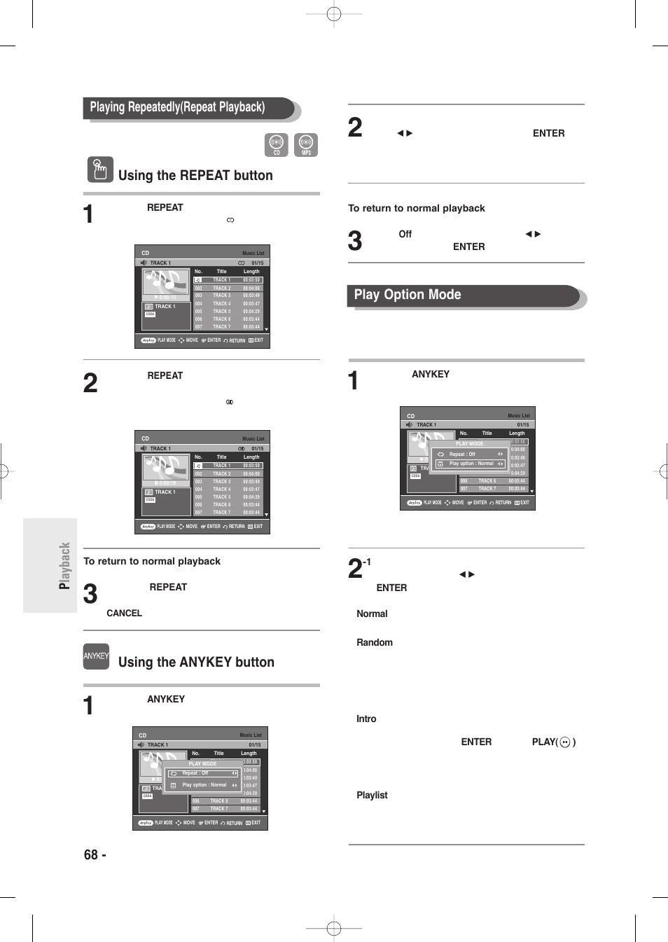 68 - english p layback play option mode, Using the repeat button, Using the anykey button | Playing repeatedly(repeat playback), Press the repeat button during playback, Select off in play mode window using, Buttons, and then press the enter button | Samsung DVD-R135-XAA User Manual | Page 68 / 100