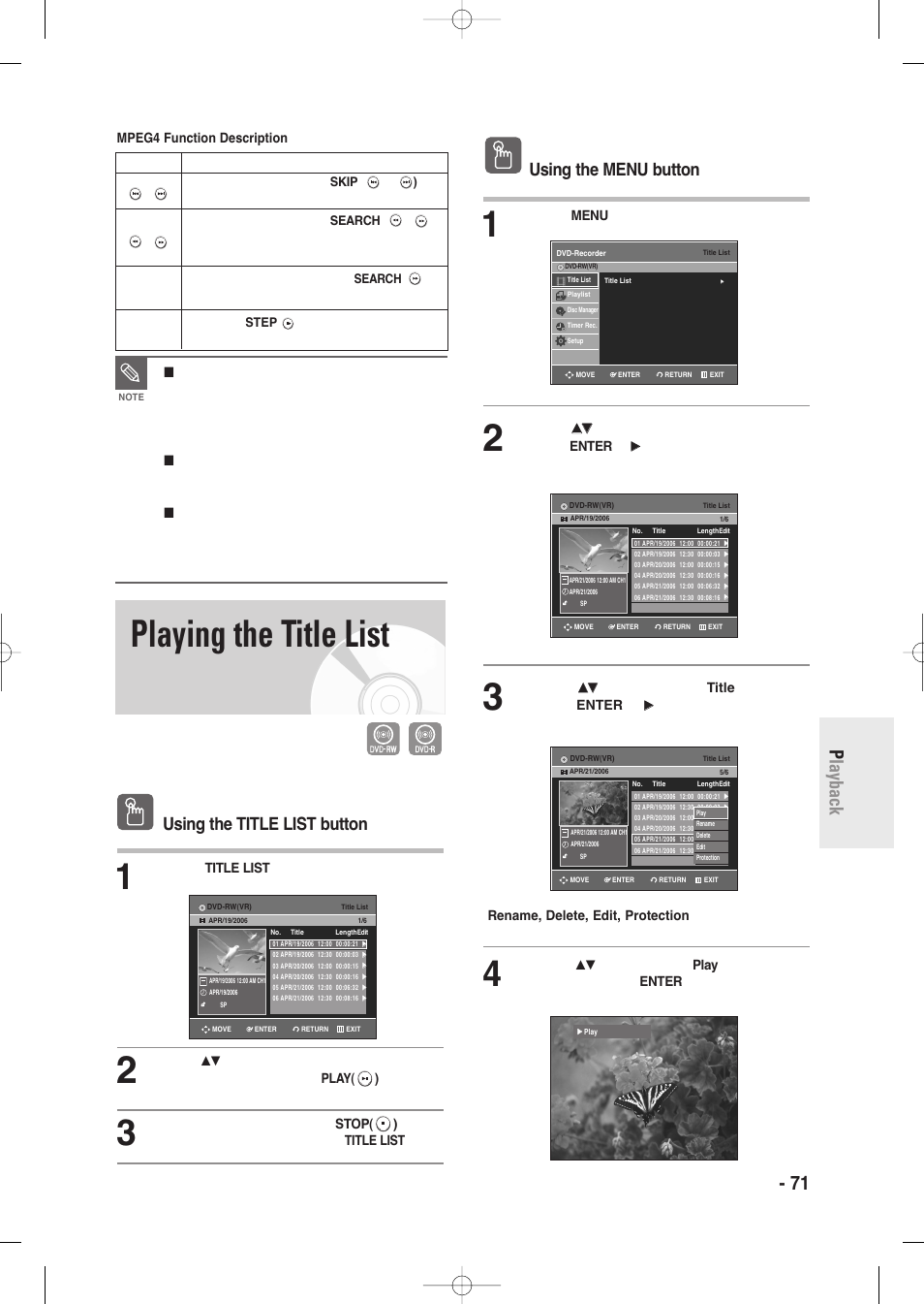 Playing the title list return enter move exit, Playing the title list, English - 71 p layback | Using the menu button, Using the title list button | Samsung DVD-R135-XAA User Manual | Page 71 / 100