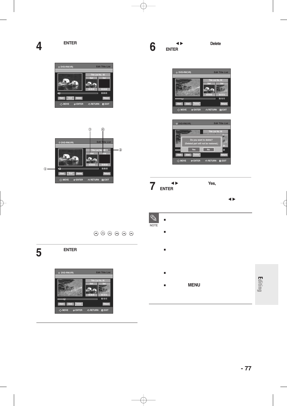 English - 77 e diting, Press the enter button at the starting point, Edit title list screen elements | Press the enter button at the end point | Samsung DVD-R135-XAA User Manual | Page 77 / 100