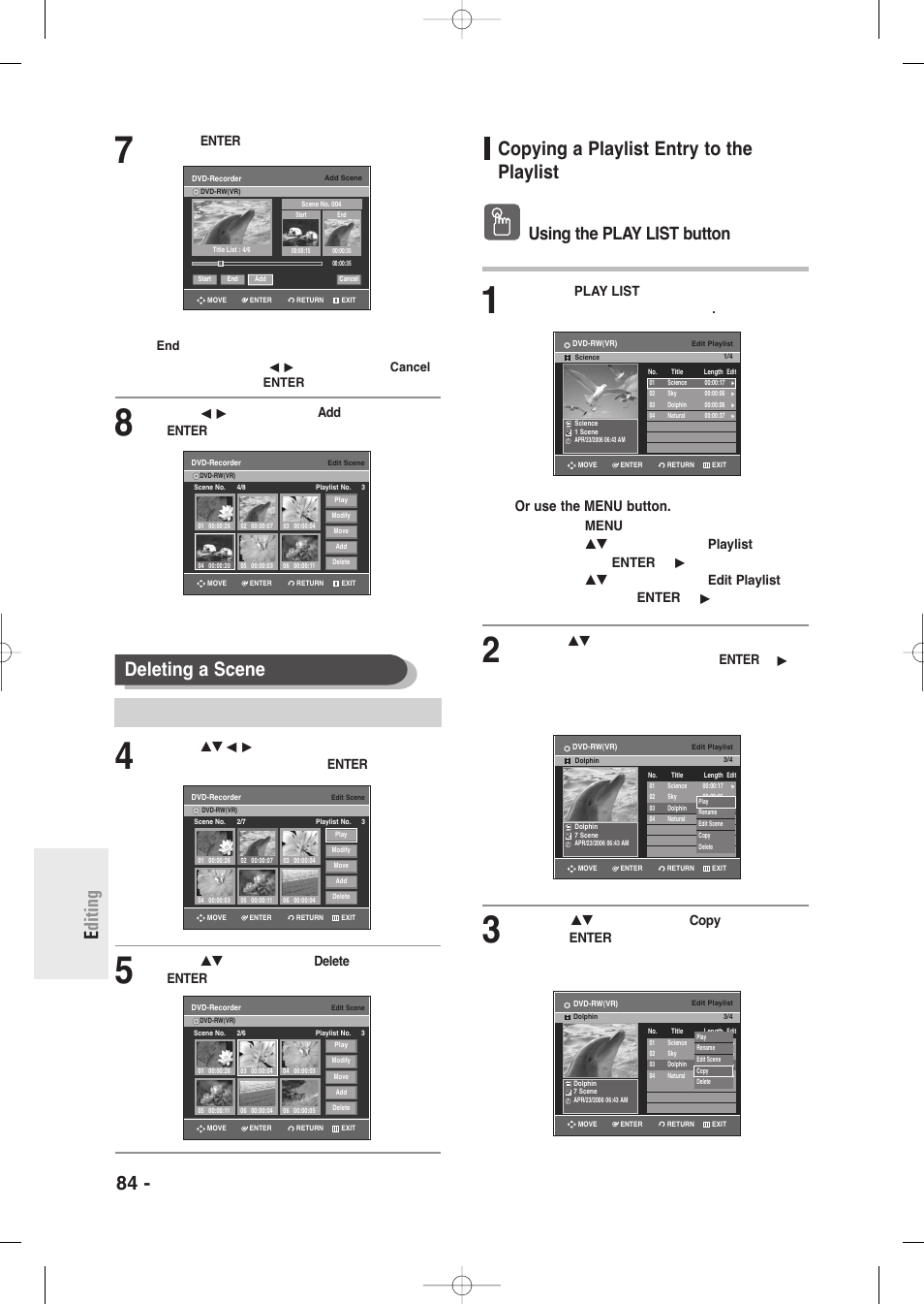 Copying a playlist entry to the playlist, 84 - english e diting, Deleting a scene | Using the play list button, Or use the menu button, Press the play list button | Samsung DVD-R135-XAA User Manual | Page 84 / 100