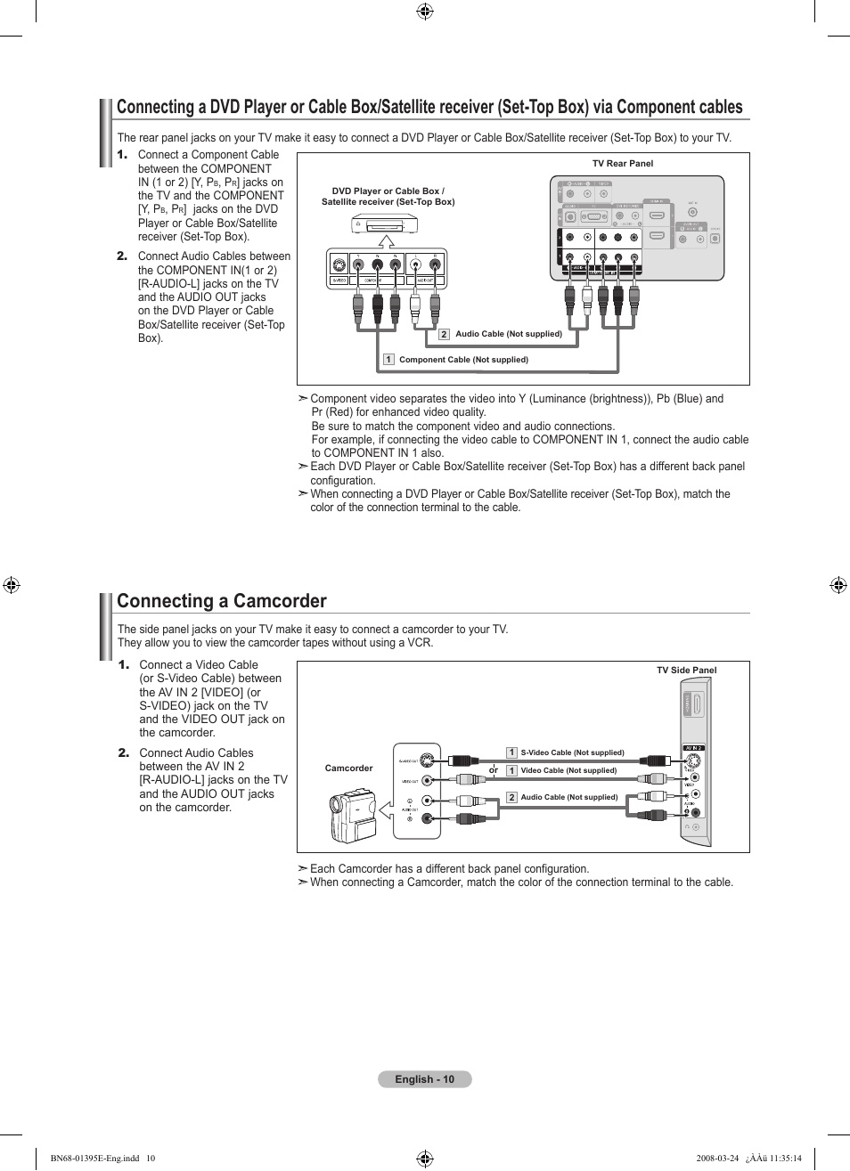 Connecting a camcorder | Samsung LN37A450C1XZP User Manual | Page 12 / 125
