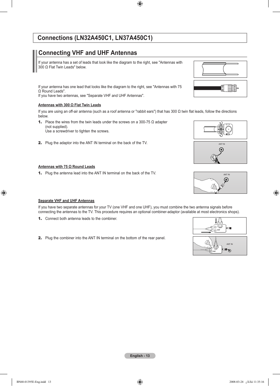 Connections (ln32a450c1, ln37a450c1), Connecting vhf and uhf antennas | Samsung LN37A450C1XZP User Manual | Page 15 / 125