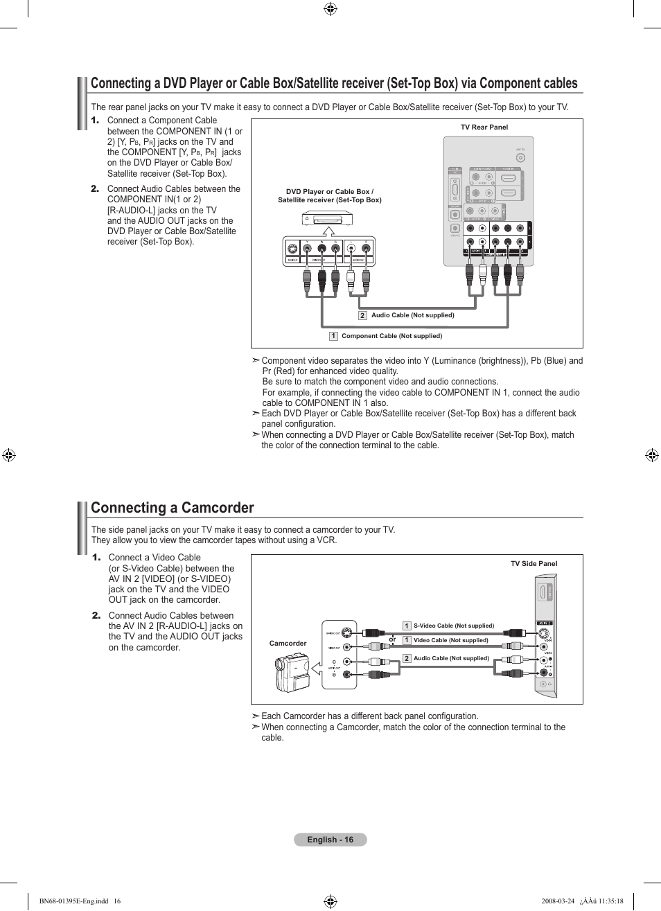 Connecting a camcorder | Samsung LN37A450C1XZP User Manual | Page 18 / 125