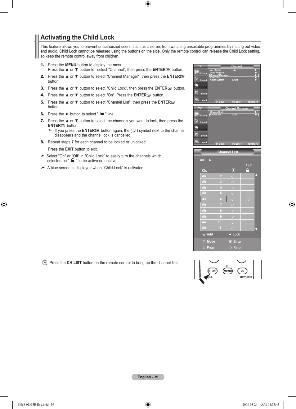 Activating the child lock | Samsung LN37A450C1XZP User Manual | Page 41 / 125
