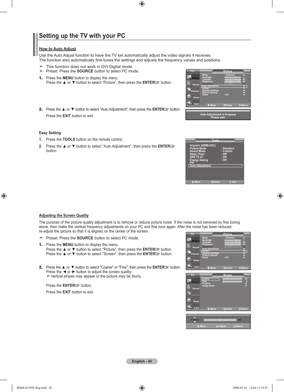 Setting up the tv with your pc, This function does not work in dvi-digital mode | Samsung LN37A450C1XZP User Manual | Page 44 / 125