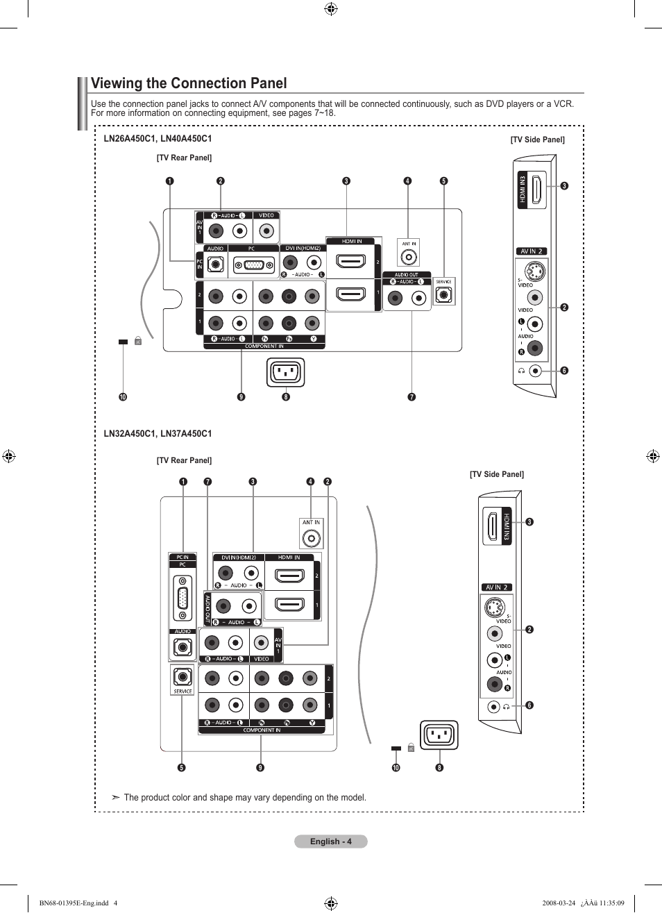 Viewing the connection panel | Samsung LN37A450C1XZP User Manual | Page 6 / 125