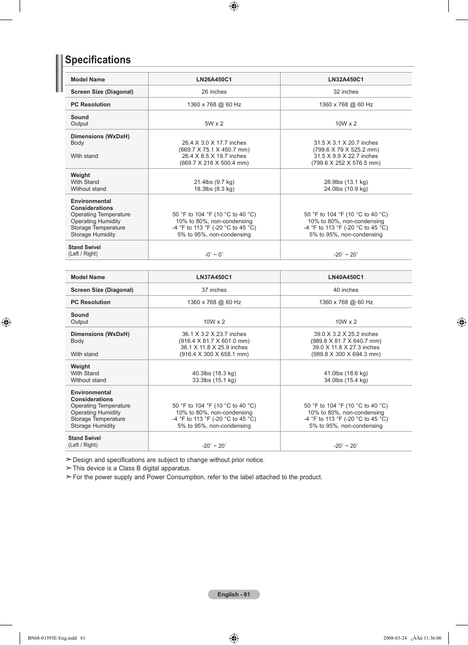 Specifications | Samsung LN37A450C1XZP User Manual | Page 63 / 125