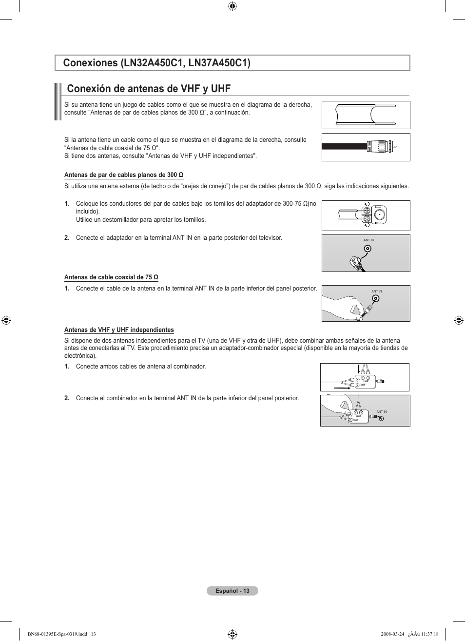 Conexión de antenas de vhf y uhf | Samsung LN37A450C1XZP User Manual | Page 77 / 125