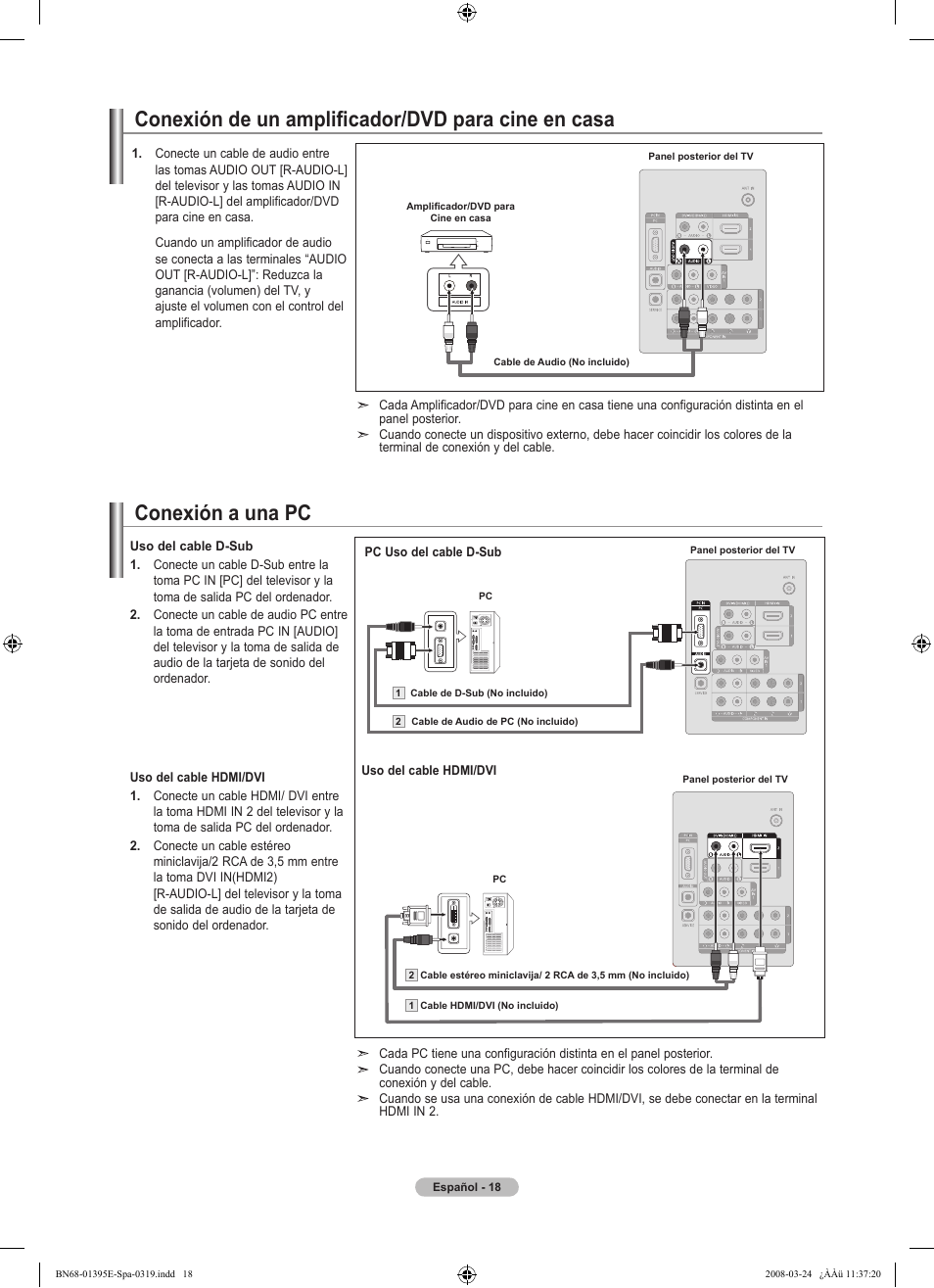 Conexión de un amplificador/dvd para cine en casa, Conexión a una pc | Samsung LN37A450C1XZP User Manual | Page 82 / 125