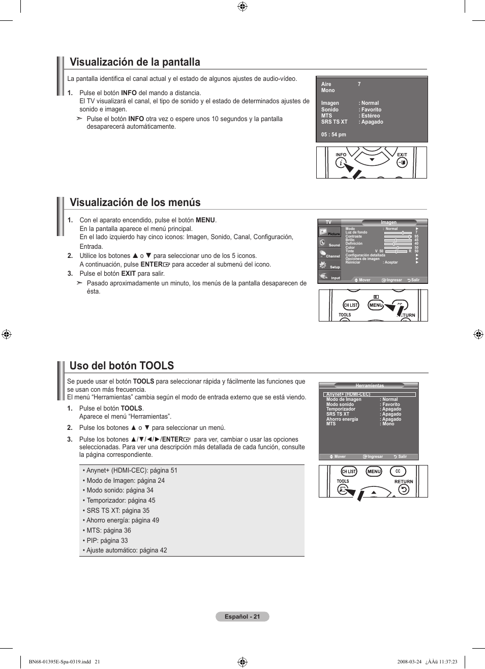 Visualización de la pantalla, Visualización de los menús, Uso del botón tools | Samsung LN37A450C1XZP User Manual | Page 85 / 125