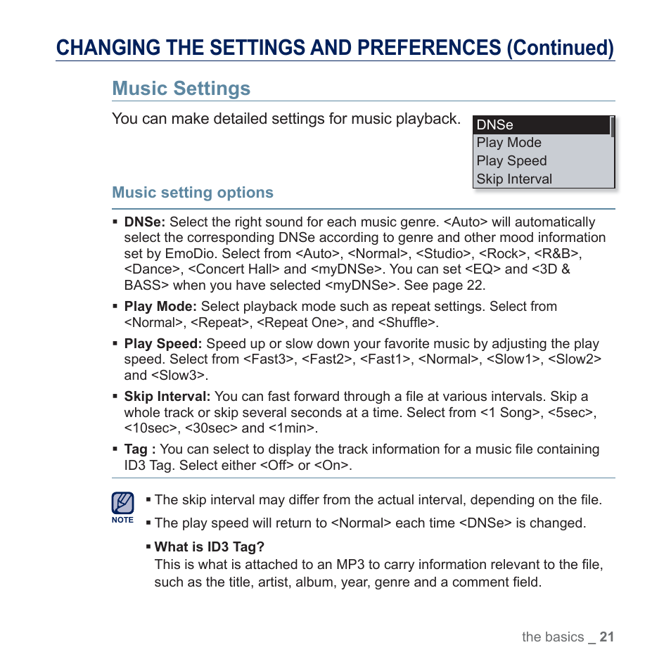 Music settings, Changing the settings and preferences (continued) | Samsung YP-U5JQR-XAA User Manual | Page 21 / 68