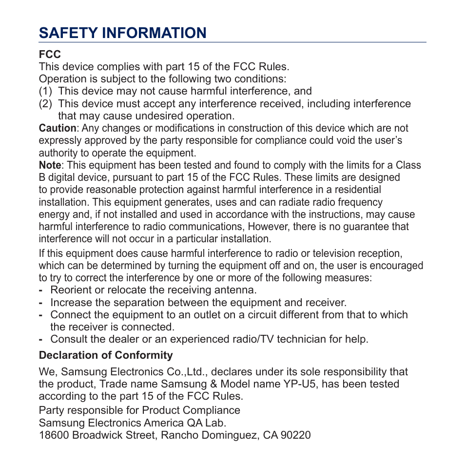 Safety information | Samsung YP-U5JQR-XAA User Manual | Page 6 / 68