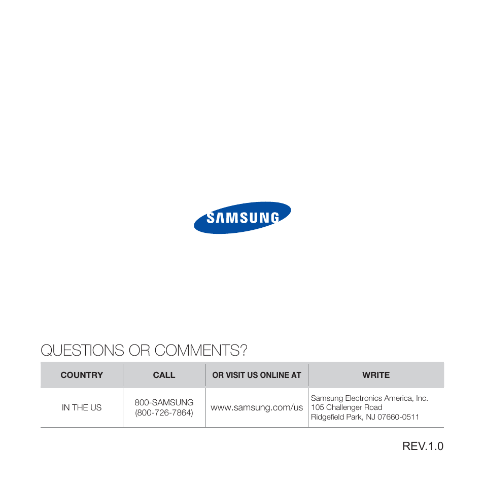 Questions or comments, Rev.1.0 | Samsung YP-U5JQR-XAA User Manual | Page 68 / 68