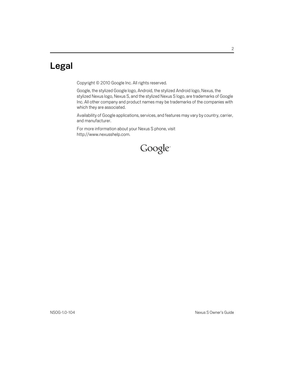 Legal | Samsung OG-I9020FSTTMB User Manual | Page 2 / 16