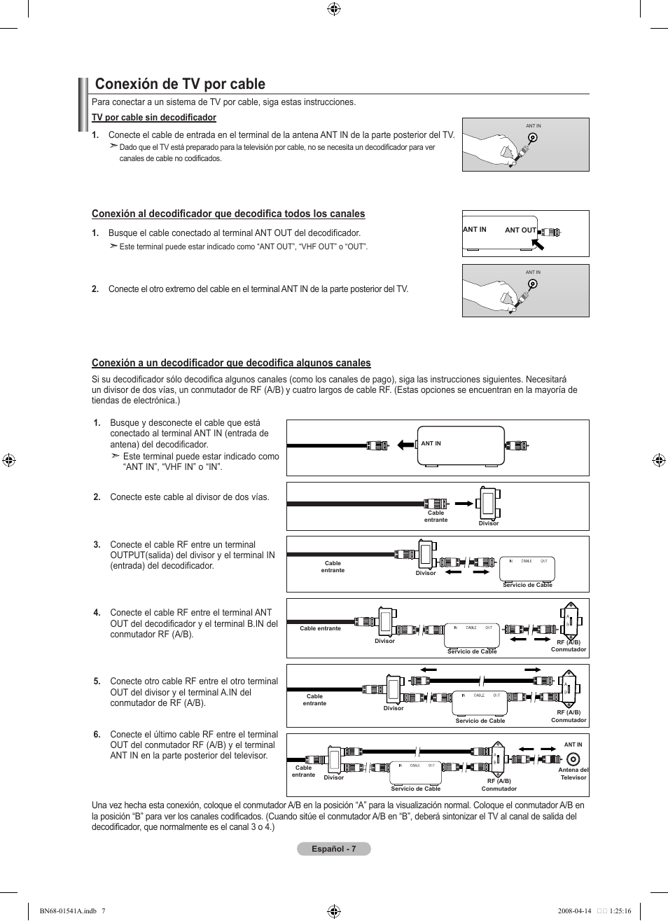 Conexión de tv por cable | Samsung LN22A650A1DXZA User Manual | Page 69 / 121