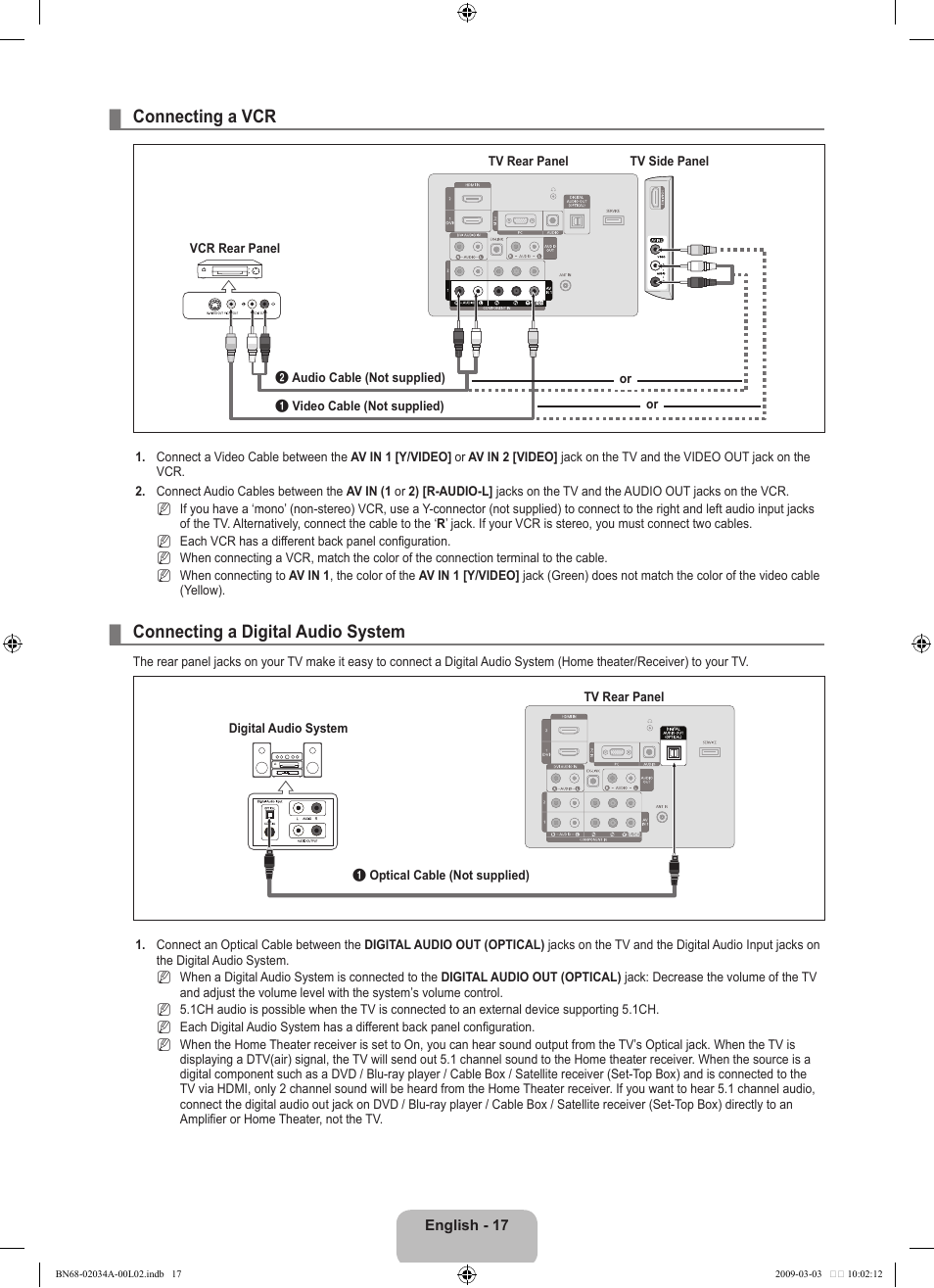 Connecting a vcr, Connecting a digital audio system | Samsung LN22B460B2DXZA User Manual | Page 19 / 89