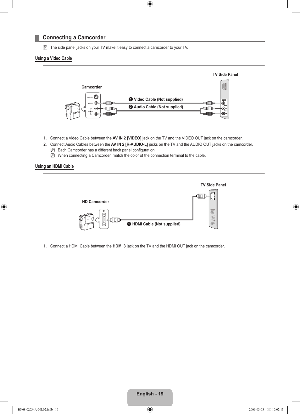 Connecting a camcorder | Samsung LN22B460B2DXZA User Manual | Page 21 / 89