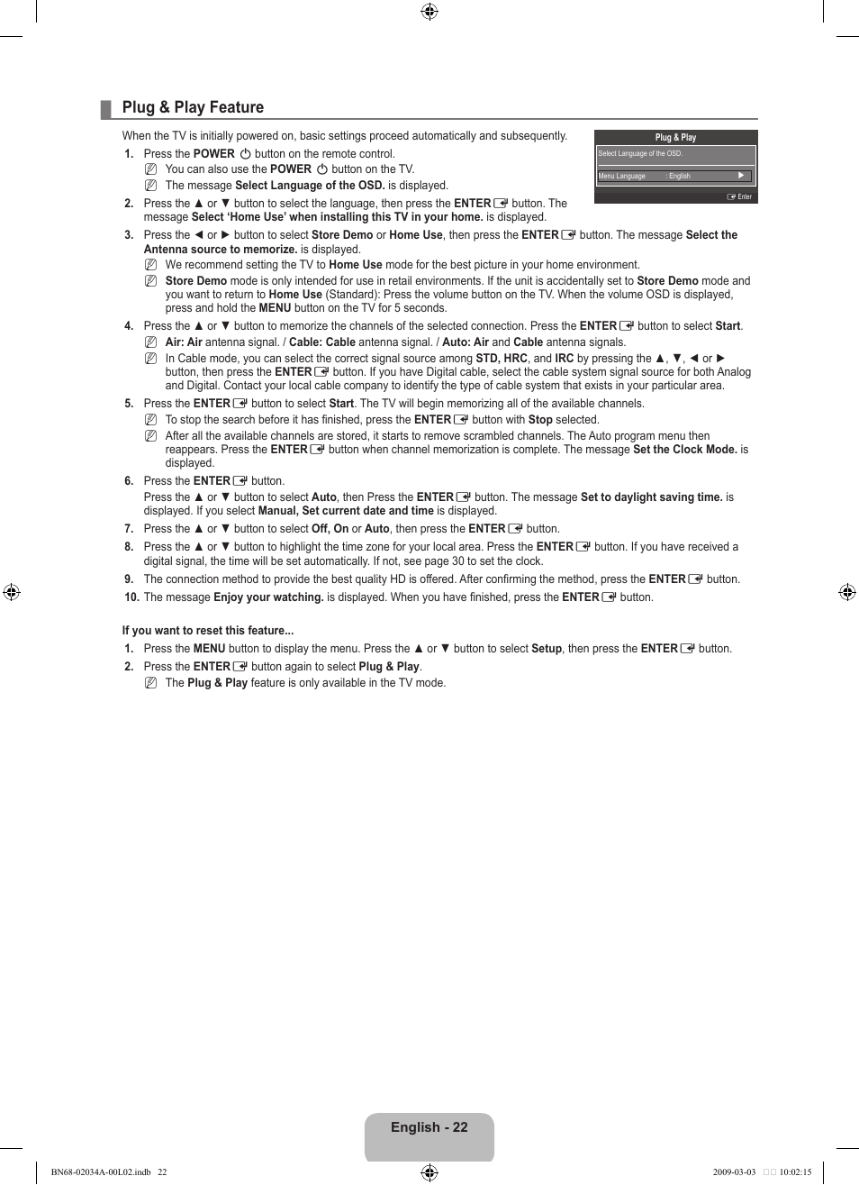 Plug & play feature | Samsung LN22B460B2DXZA User Manual | Page 24 / 89